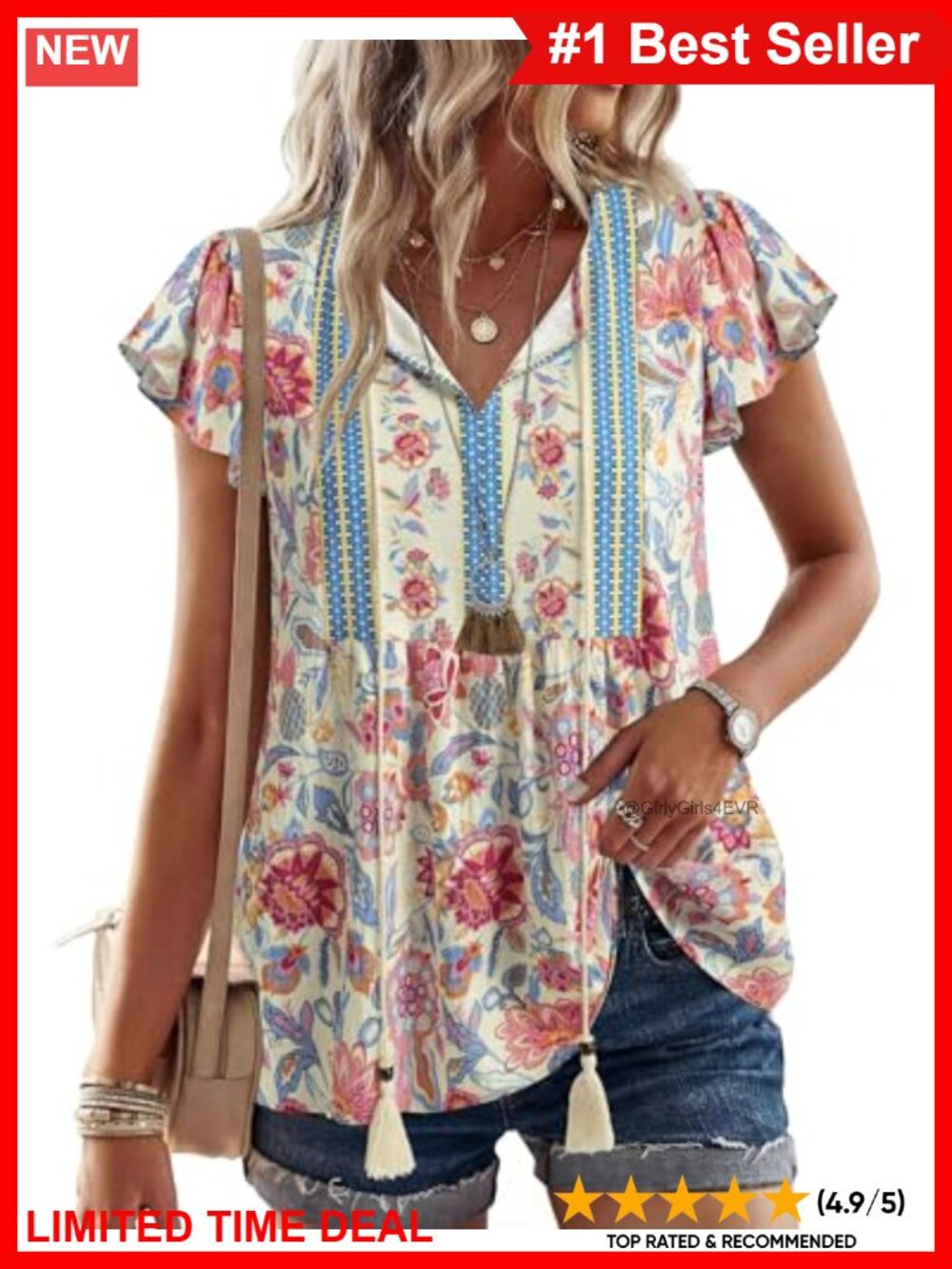 Boho Ruffle Short Sleeve V-Neck Tie Front Peasant Blouse Tunic